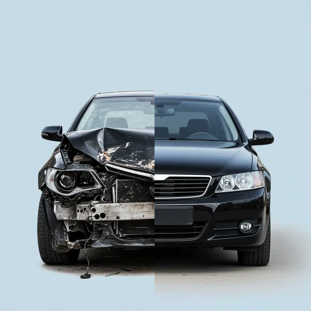 Before-and-after car showing bumper damage repaired in Eugene, OR