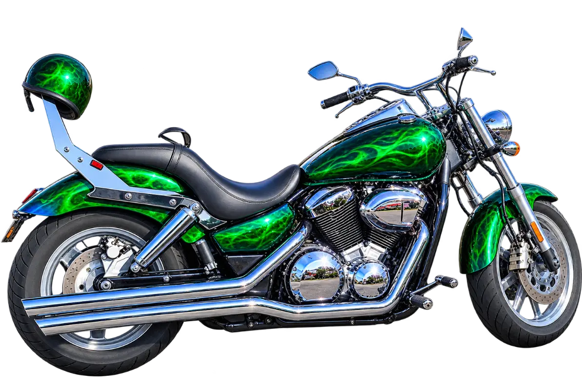 Green motorcycle with a custom painted finish at an auto body shop in Eugene, OR